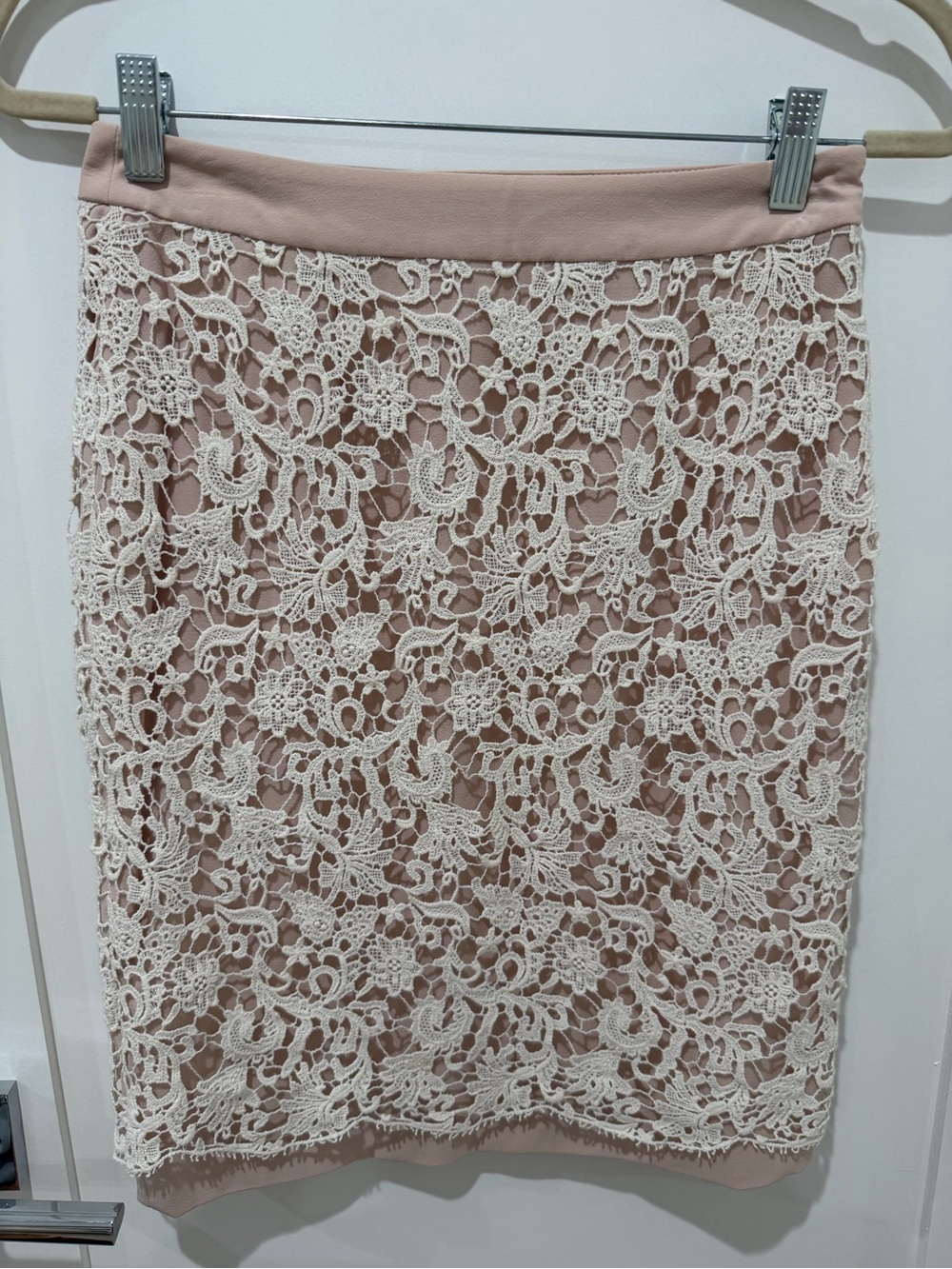 French Connection Blush Pink Pencil Skirt with Cream Lace